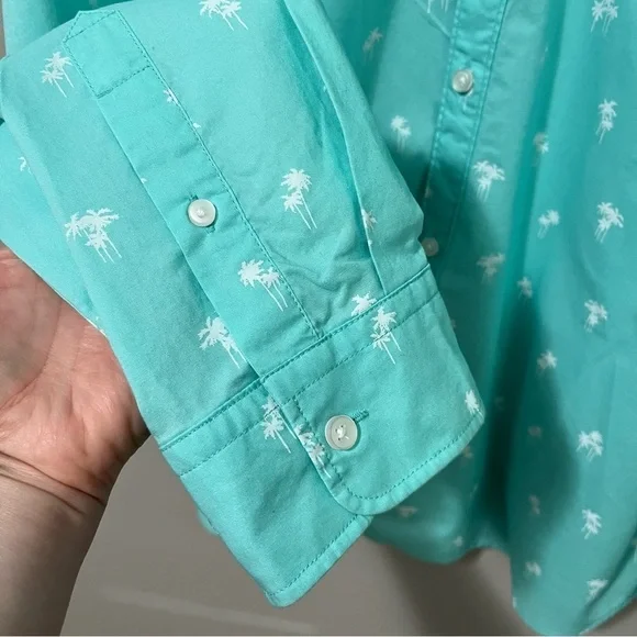 American Eagle Teal Blue Poplin Palm Tree Print Button Down Classic Fit Shirt - Picture 7 of 11